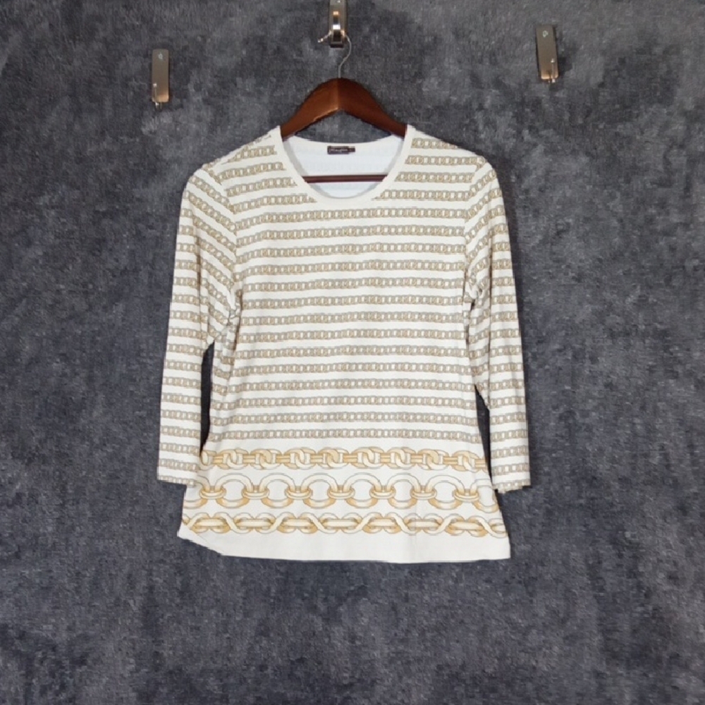 J. McLaughlin Gold Chain Pattern Long Sleeve Top Catalina Cloth Equestrian Large